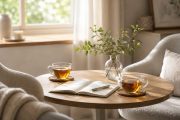 やわらかな光が差し込む部屋で、向かい合う二つの椅子と丸テーブルが置かれ、ノートとお茶が静かに並ぶ落ち着いた対話の空間