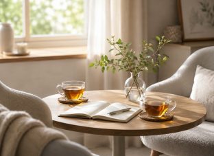 やわらかな光が差し込む部屋で、向かい合う二つの椅子と丸テーブルが置かれ、ノートとお茶が静かに並ぶ落ち着いた対話の空間
