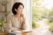 窓辺でこれからの働き方について静かに考える40代女性