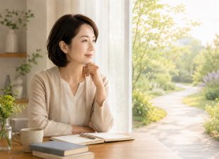 窓辺でこれからの働き方について静かに考える40代女性