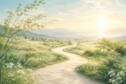 朝日の中、緑の草原をゆるやかに曲がりながら続く小道