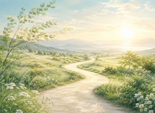 朝日の中、緑の草原をゆるやかに曲がりながら続く小道
