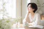 窓辺のやわらかな光の中で、ノートとカップを前に静かに考えごとをする40代50代女性