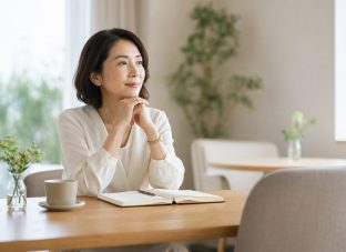 明るい室内のテーブルで、開いたノートを前に穏やかに考える女性