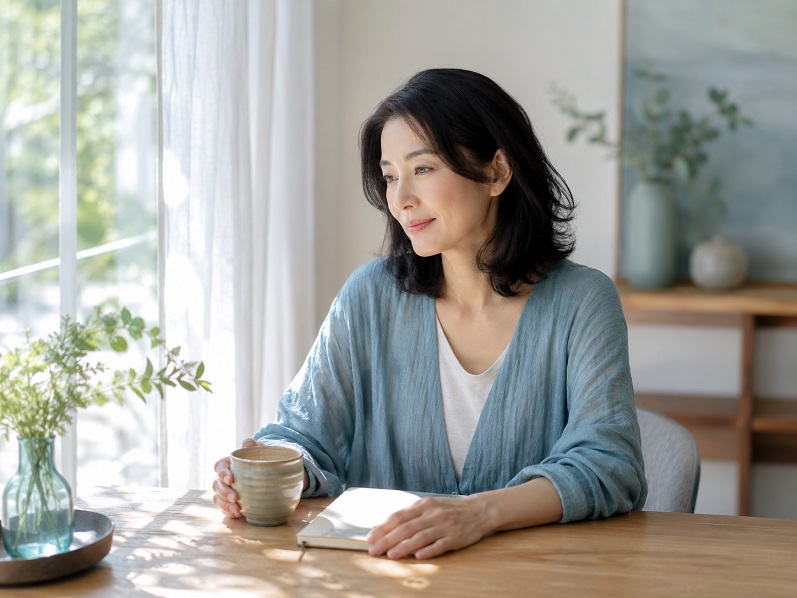 窓辺で温かい飲み物を手に、静かに自分を見つめる若々しいアラフィフ女性