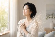 自分を守る緊張をゆるめ、やわらかな表情を見せる上品な女性