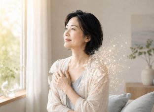 自分を守る緊張をゆるめ、やわらかな表情を見せる上品な女性