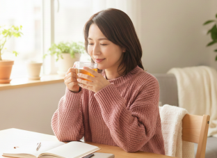 完璧主義を手放して年末をゆったり過ごしたい女性が、手帳とコーヒーを前にほっと一息ついている様子