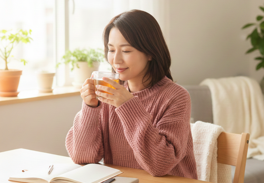 完璧主義を手放して年末をゆったり過ごしたい女性が、手帳とコーヒーを前にほっと一息ついている様子