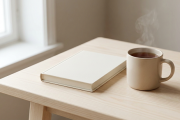 明るい机の上に置かれたノートと温かいお茶
