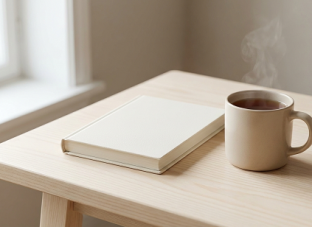 明るい机の上に置かれたノートと温かいお茶