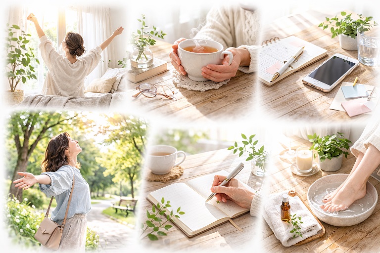 やわらかな自然光の中で、窓辺で伸びをする人、温かい飲み物、手帳に書く手元、緑のあるテーブル、外で深呼吸する場面などが並ぶ、リラックスした心地よいひとときを表した言葉なしのコラージュ画像。