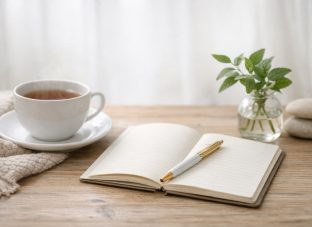 淡い自然光の入る窓辺の木のテーブルに、湯気の立つ紅茶のカップ、開いたノートとペン、小さなグリーンの花瓶、石が置かれた、落ち着いた回復を感じる言葉なしのイメージ写真。