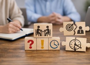 1on1が続かない原因（目的・責任・時間のズレ）を表すイメージ：木製ブロックと割れたパズル、時計のモチーフ