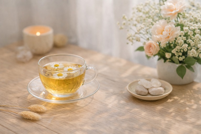 やわらかな自然光が差し込む木のテーブルの上に、透明なカップに入ったハーブティー、淡い色の花、小皿にのった白い石、奥に小さなキャンドルが置かれた静かなイメージ。余白と落ち着きを感じさせる、やさしい雰囲気の本文差し込み画像。