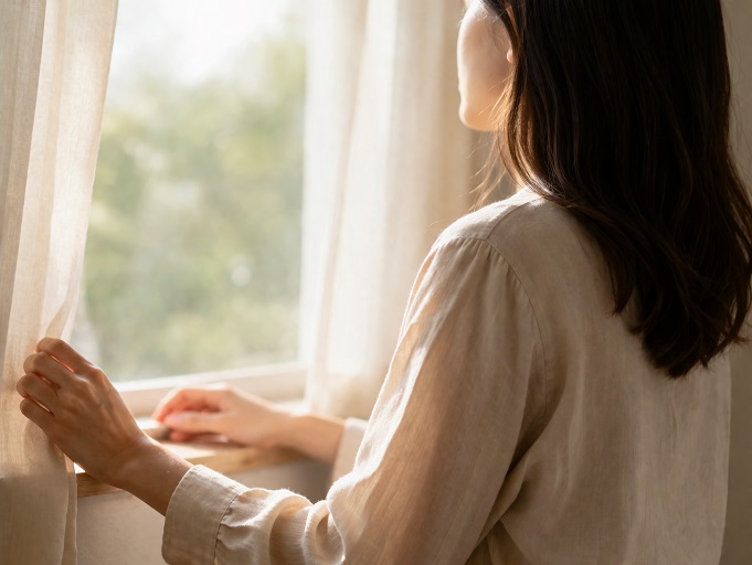 窓辺で静かに外を見つめる女性の後ろ姿が、やさしい光に包まれた本文差し込み画像