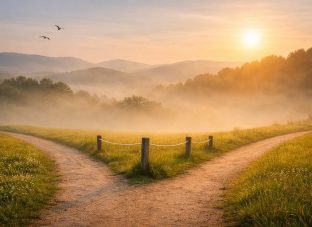 やさしい境界線をイメージした分かれ道の風景と朝の光が広がるアイキャッチ画像