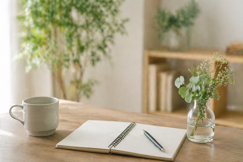 やわらかな自然光が差し込む室内の木のテーブルに、開いたノートとペン、白いマグカップ、小さなグリーンの花瓶が置かれ、奥に観葉植物と棚がぼんやり映る、静かで落ち着いたイメージ画像。