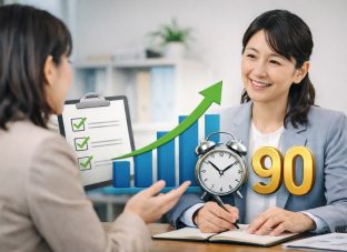 1on1の面談中、笑顔で部下の話を聞く日本人女性上司と、導入後90日の定着や運用改善をイメージさせるチェックリスト・上昇グラフ・時計のビジュアルが配置された法人向けイメージ画像