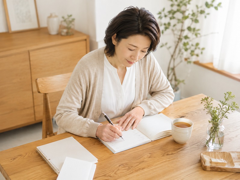 50代からのキャリア再設計を考える女性が、生活の流れを整えるためにノートを書いているイメージ