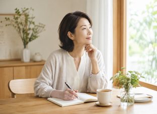 50代からのキャリア再設計をイメージし、窓辺でノートを書きながら静かに自分を見つめる女性