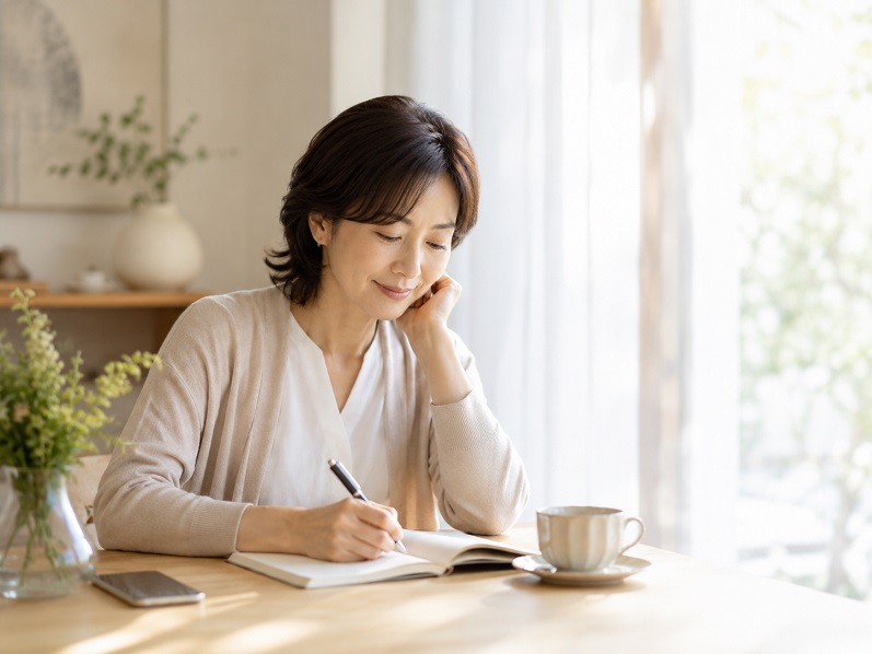 人間関係で疲れやすい人が、境界線を整えるためにノートへ気持ちを書いているイメージ