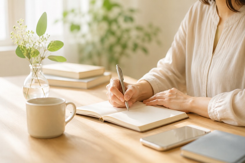 自然光の入る穏やかな机で、ノートに書きながら考えを整理する女性。仕事や人間関係で抱え込みすぎた責任を、自分に合う形に整えていく時間をイメージした本文差し込み画像。