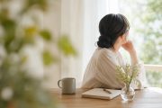 やわらかな自然光が入る窓辺で、ノートとカップを前に静かに外を眺める女性。仕事や人間関係の責任を一人で抱え込まず、自分に合う形に整えていく時間をイメージしたアイキャッチ画像。