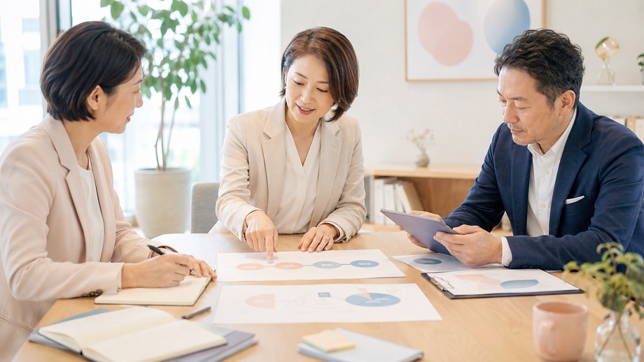 1on1の90日運用について、オフィスで資料を見ながら話し合う3人のビジネスパーソンの様子