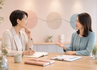 1on1面談で向かい合って話す2人の女性。明るいオフィスで、1人がメモを取りながら対話している様子