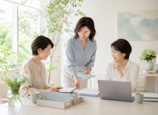 明るいオフィスで資料を囲みながら業務分担について話し合う3人の女性