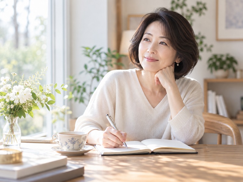 窓辺でノートに考えを書き留めながら、対話や質問を振り返る40〜50代の女性