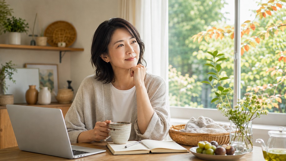 季節の変わり目に、窓辺でお茶を飲みながら仕事と暮らしを見直す女性