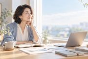 窓辺の明るいワークスペースで、ノートとパソコンを前に、これからのキャリアや働き方について考える50代女性。